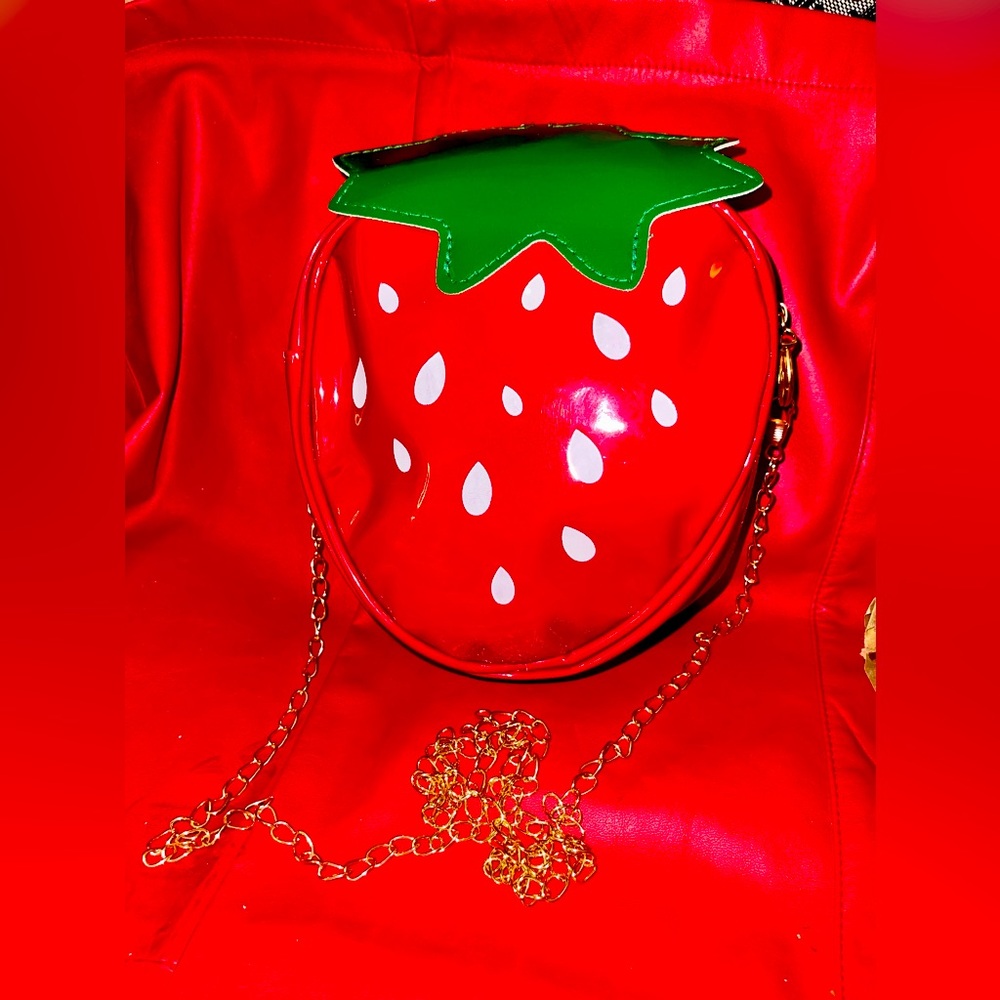 Vinyl Cute  Red Strawberry Shoulder Bag with Gold Tone Chain Strap. NIP